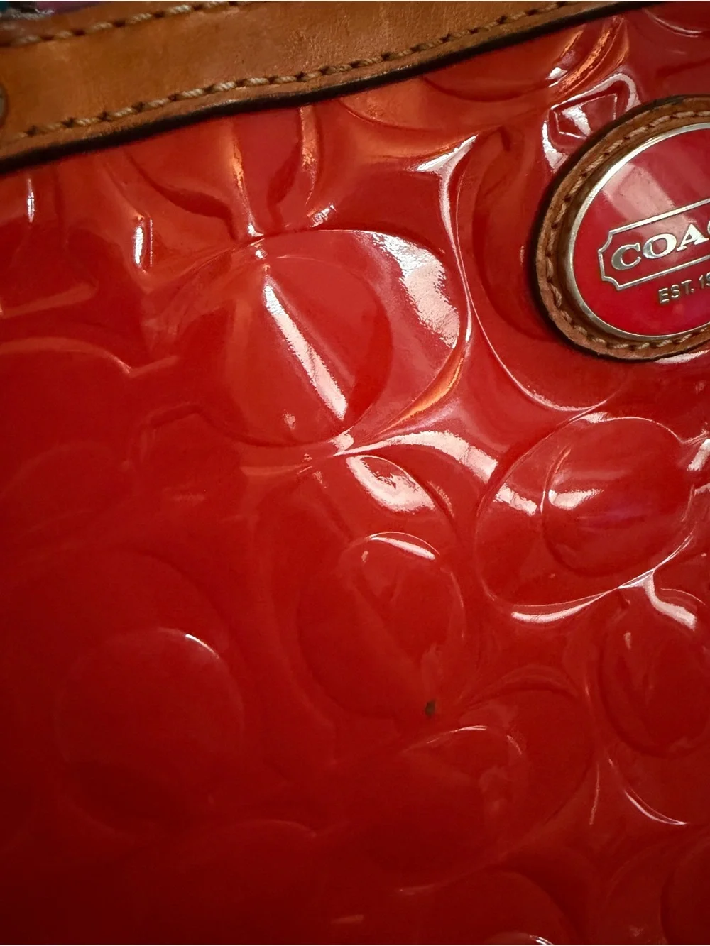 Coach Red Patent Leather Tote with Brown Trim